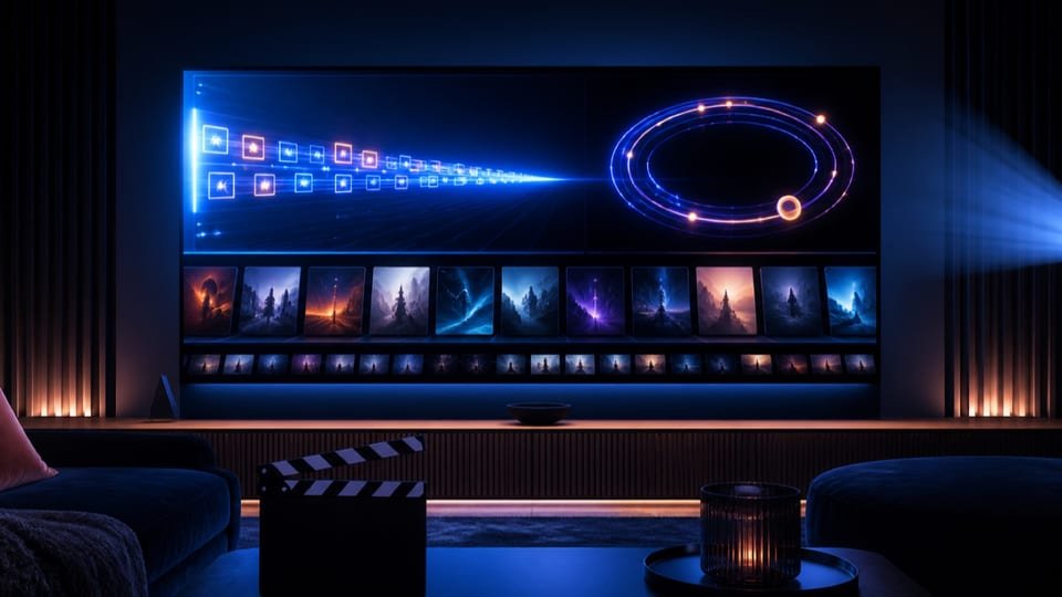 Salon avec grand écran, vignettes de films imaginaires et clap de cinéma au premier plan