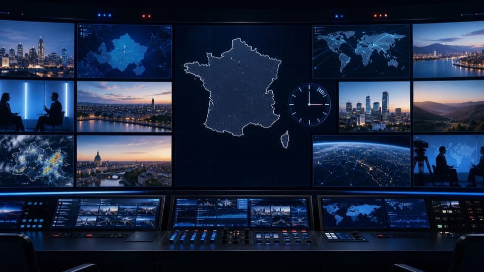 Régie d’information illustrée avec carte de France, horloge et plusieurs écrans de reportage