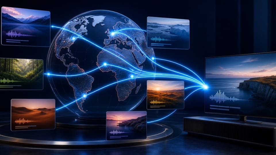 Globe relié à un téléviseur et à des vignettes de paysages avec représentations de pistes audio
