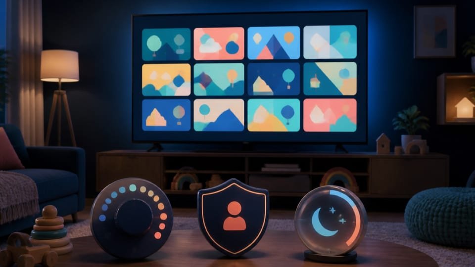 Téléviseur avec vignettes colorées et symboles de profil, de contrôle et de durée dans un salon familial
