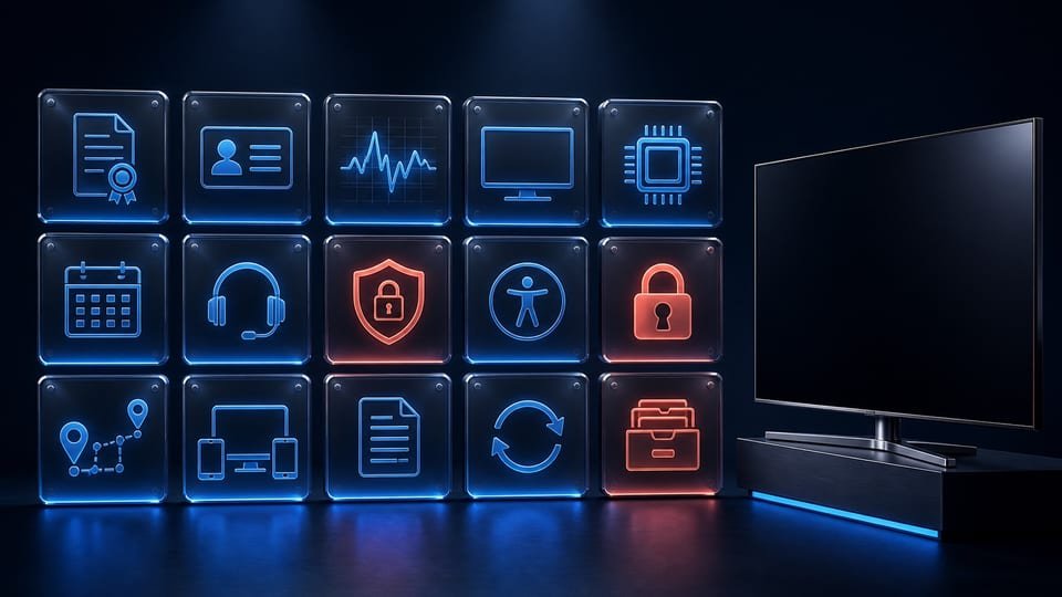Téléviseur accompagné d’une grille de critères illustrés : documents, support, appareils, réseau et protection des accès
