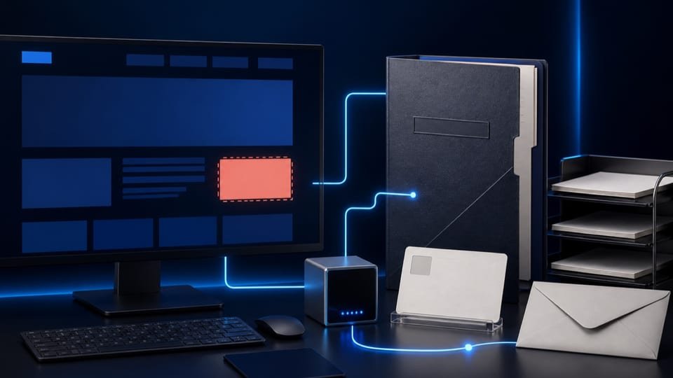 Écran de site internet relié à un dossier, une carte et une enveloppe illustrant les informations de contact