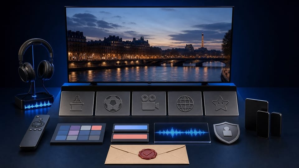 Téléviseur affichant Paris avec télécommande, casque et symboles de vérification des fonctions